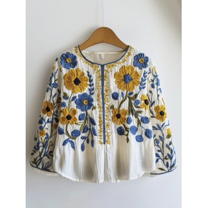Yellow & Blue Floral Embroidery Art Women's Linen Shirt