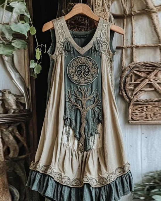 Viking Celtic Knot Patchwork Art Linen Tank Dress