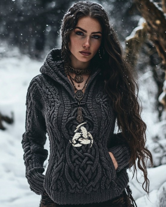 Women's Viking Tribal Witch Inspired Chunky Knit Hooded Sweater Women's Viking Tribal Witch Inspired Chunky Knit Hooded Sweater