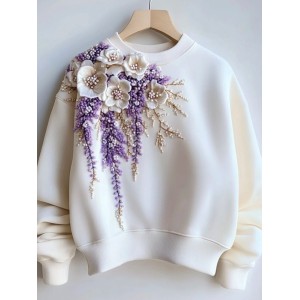 Women's Purple Floral Pearl Embroidered Sweatshirt