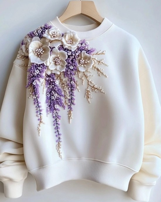 Women's Purple Floral Pearl Embroidered Sweatshirt Women's Purple Floral Pearl Embroidered Sweatshirt