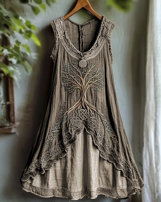 Tribal Viking Life Of Tree Celtic Knot Lace Art Linen Tank Dress