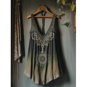 Vintage Tribal Celtic Knot Life Of Tree Gradient Art Print Women's Linen Tank Top