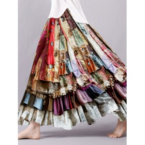 Boho Colorful Patchwork Textile Flowy Linen And Lace Blend Wide Skirt