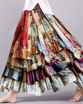 Boho Colorful Patchwork Textile Flowy Linen And Lace Blend Wide Skirt