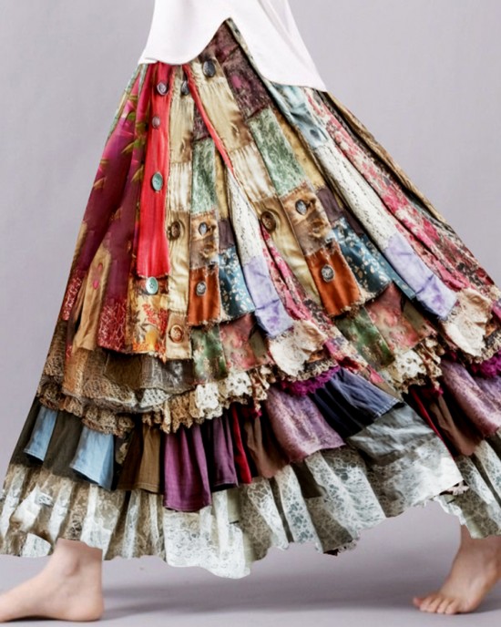 Boho Colorful Patchwork Textile Flowy Linen And Lace Blend Wide Skirt Boho Colorful Patchwork Textile Flowy Linen And Lace Blend Wide Skirt