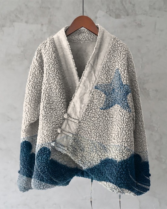 Vintage Wave And Starfish Art Print Kimono Cardigan Vintage Wave And Starfish Art Print Kimono Cardigan