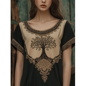 Vintage  Tribal Tree Of Life Print Crew Neck Casual T-shirt