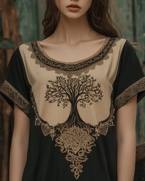Vintage Tribal Tree Of Life Print Crew Neck Casual T-shirt Vintage Tribal Tree Of Life Print Crew Neck Casual T-shirt