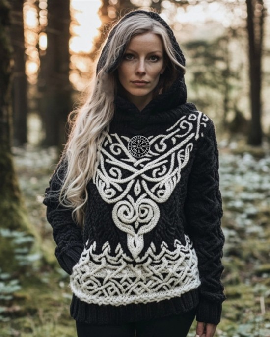 Vintage Viking Vegvisir Embroidered Celtic Cozy Chunky Hooded Sweater Vintage Viking Vegvisir Embroidered Celtic Cozy Chunky Hooded Sweater