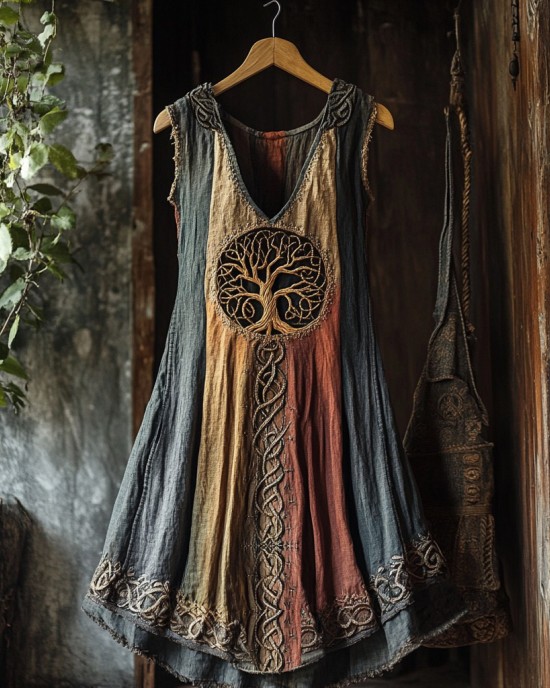 Tribal Viking Colorful Gradient Tree Of Life Lace Art Linen Tank Dress