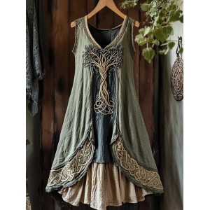 Viking Tree Of Life Celtic Knot Patchwork Art Linen Tank Dress