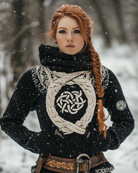 Women's Viking Tribal Jacquard Celtic Inspired Chunky Knit Hooded Sweater Women's Viking Tribal Jacquard Celtic Inspired Chunky Knit Hooded Sweater