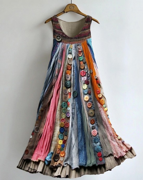 Boho Colorful Textile Flowy Linen Blend Tank Dress Boho Colorful Textile Flowy Linen Blend Tank Dress
