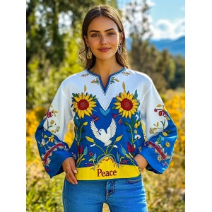 Ukraine Peace Floral Embroidered V-neck Linen Shirt