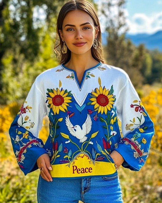 Ukraine Peace Floral Embroidered V-neck Linen Shirt Ukraine Peace Floral Embroidered V-neck Linen Shirt