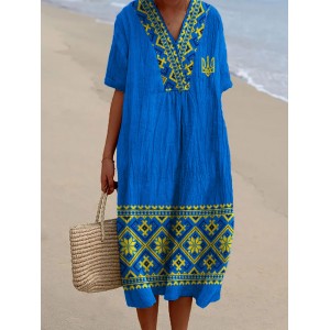 Ukraine Trident Ethnic Linen Blend Maxi Dress