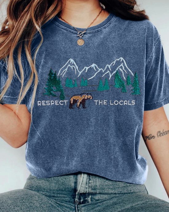 Respect The Locals Bear Landscape Embroidered Washed T Shirt