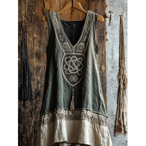 Tribal Celtic Embroidery Patchwork Tassel Art Linen Tank Dress