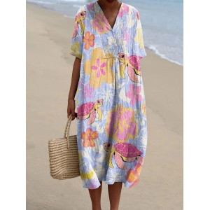 Women's Resort Turtle Pattern V-neck Casual Flowy Midi Dress