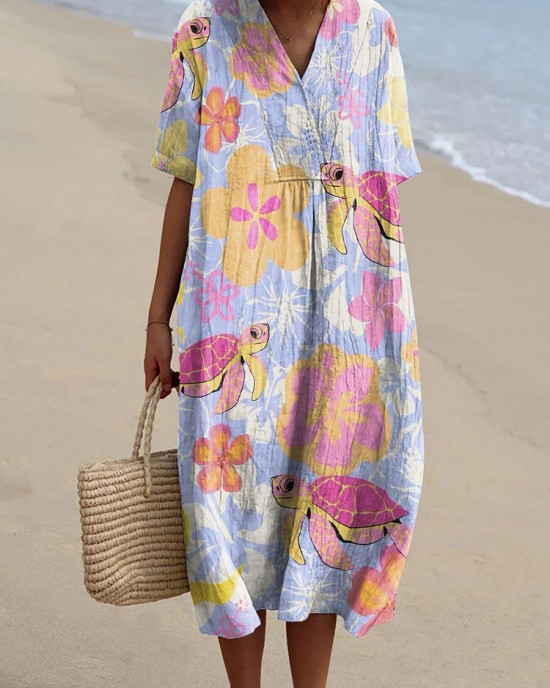 Women's Resort Turtle Pattern V-neck Casual Flowy Midi Dress Women's Resort Turtle Pattern V-neck Casual Flowy Midi Dress