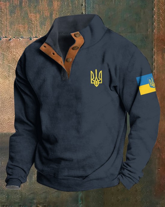 Men Support Ukrainian Trident Symbol Button Stand Collar Sweatshirt Men Support Ukrainian Trident Symbol Button Stand Collar Sweatshirt