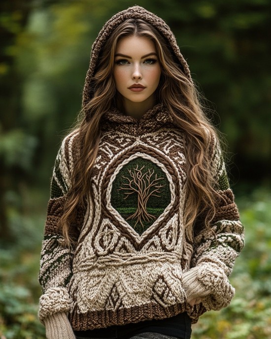 Women's Viking Style Tree Of Life Cozy Chunky Hooded Sweater