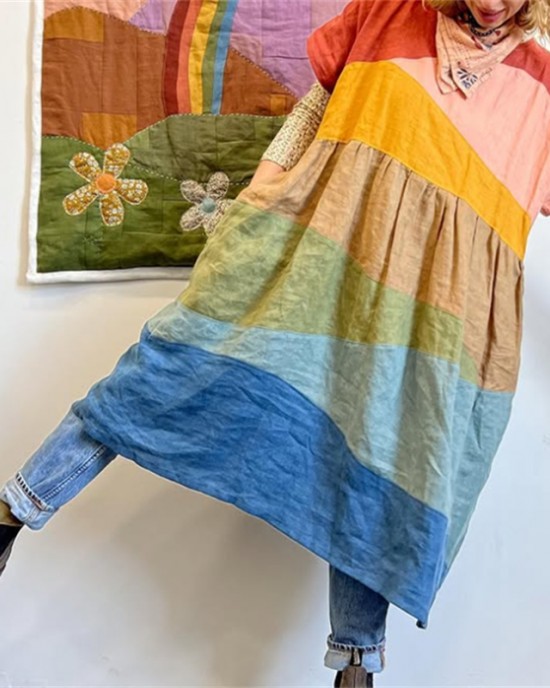 Colorful Earthy Landscape Patchwork Linen Dress Colorful Earthy Landscape Patchwork Linen Dress