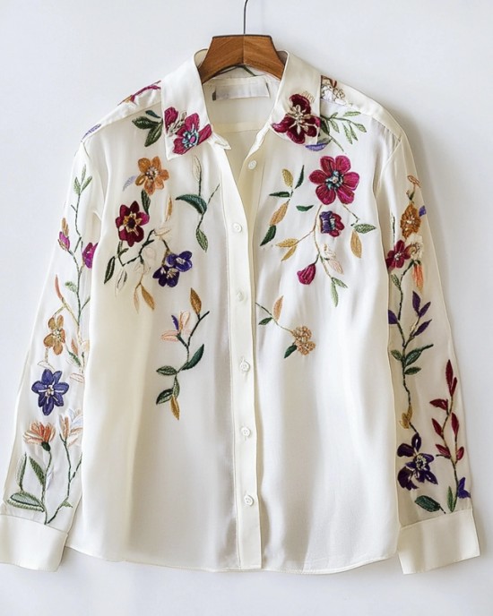 Floral Embroidery Women's Long Sleeve Shirt Floral Embroidery Women's Long Sleeve Shirt