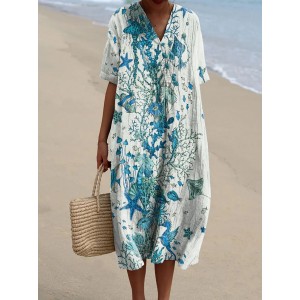 Women's Holiday Series Starfish And Seaweed Pattern Pattern Casual Flowy Midi Dress