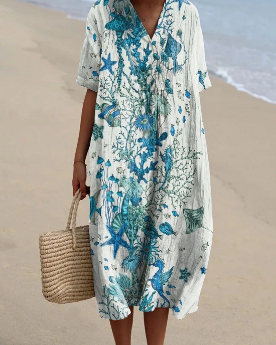 Women's Holiday Series Starfish And Seaweed Pattern Pattern Casual Flowy Midi Dress Women's Holiday Series Starfish And Seaweed Pattern Pattern Casual Flowy Midi Dress