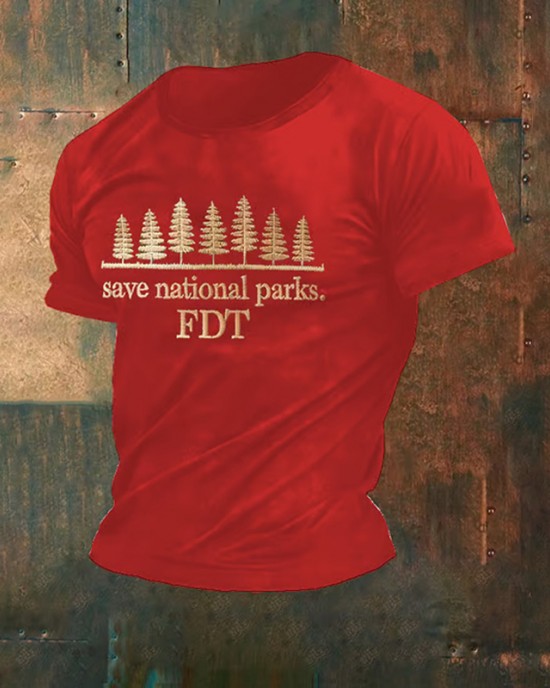 Men's Retro Save National Parks Fdt Printed Casual Crew Neck T-shirt