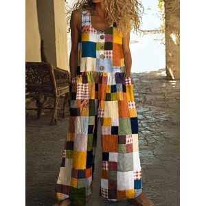 Vintage Square Patchwork Boho Art Women's Linen Wide Leg Jumpsuit