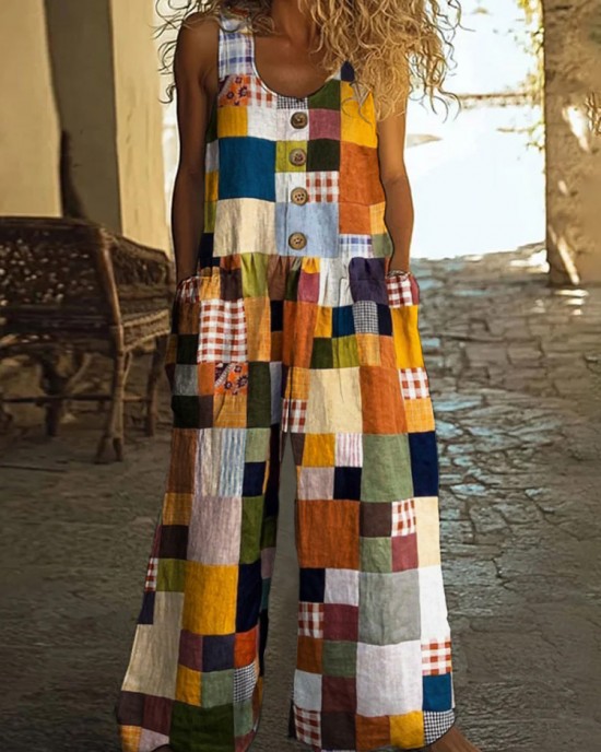 Vintage Square Patchwork Boho Art Women's Linen Wide Leg Jumpsuit Vintage Square Patchwork Boho Art Women's Linen Wide Leg Jumpsuit