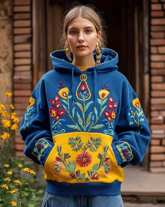 Ukrainian Folk Floral Embroidered Contrast Color Washed Hoodie Ukrainian Folk Floral Embroidered Contrast Color Washed Hoodie