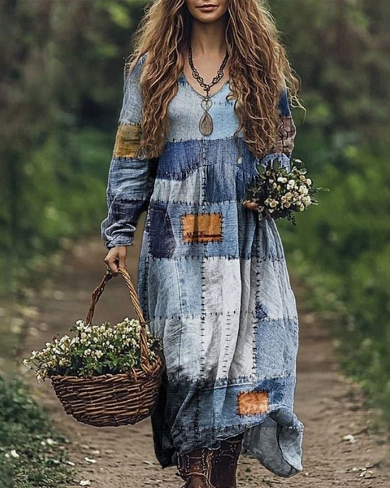Geometric Denim Patchwork Pattern Women's Flowy Maxi Dress Geometric Denim Patchwork Pattern Women's Flowy Maxi Dress