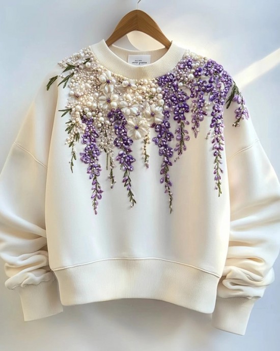 Women's Wisteria & Pearl Embroidery Art Sweatshirt Women's Wisteria & Pearl Embroidery Art Sweatshirt