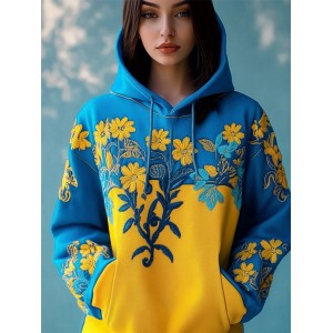 Ukraine Ethnic Floral Embroidered Contrast Color Hoodie