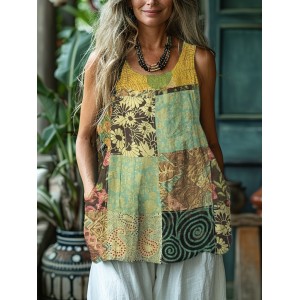 Vintage Geometric Floral Print Women's Linen Tank Top