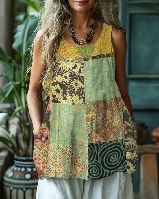 Vintage Geometric Floral Print Women's Linen Tank Top Vintage Geometric Floral Print Women's Linen Tank Top