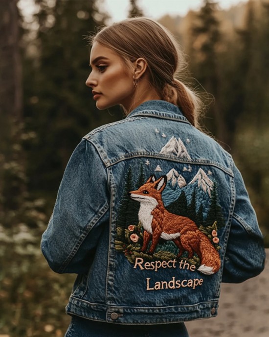 Vintage Landscape Fox And Floral Embroidered Denim Jacket Vintage Landscape Fox And Floral Embroidered Denim Jacket