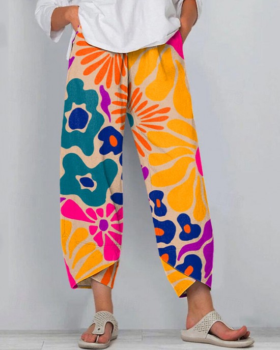 Women's Abstract Art Floral Print Linen Blend Pants Women's Abstract Art Floral Print Linen Blend Pants