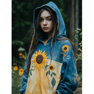 Ukraine Sunflowers Embroidered Contrast Color Washed Hoodie