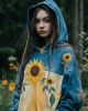 Ukraine Sunflowers Embroidered Contrast Color Washed Hoodie Ukraine Sunflowers Embroidered Contrast Color Washed Hoodie