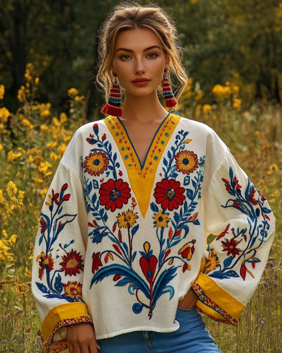 Ukrainian Folk Floral Embroidery Contrasting Color Linen V-neck Shirt Ukrainian Folk Floral Embroidery Contrasting Color Linen V-neck Shirt