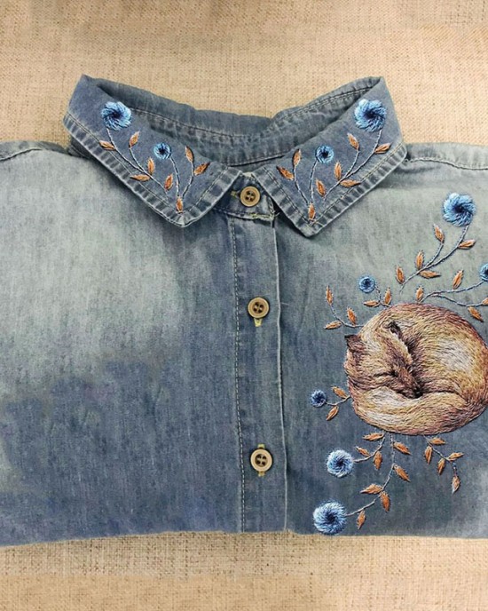 Forest Sleeping Fox Floral Embroidered Washed Denim Blouse Forest Sleeping Fox Floral Embroidered Washed Denim Blouse