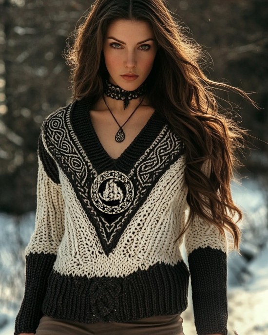 Women's Viking Style Knitted Jacquard V-neck Sweater