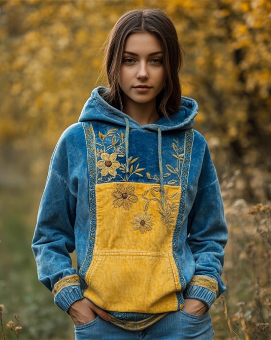 Ukraine Ethnic Floral Embroidered Contrast Color Washed Hoodie Ukraine Ethnic Floral Embroidered Contrast Color Washed Hoodie