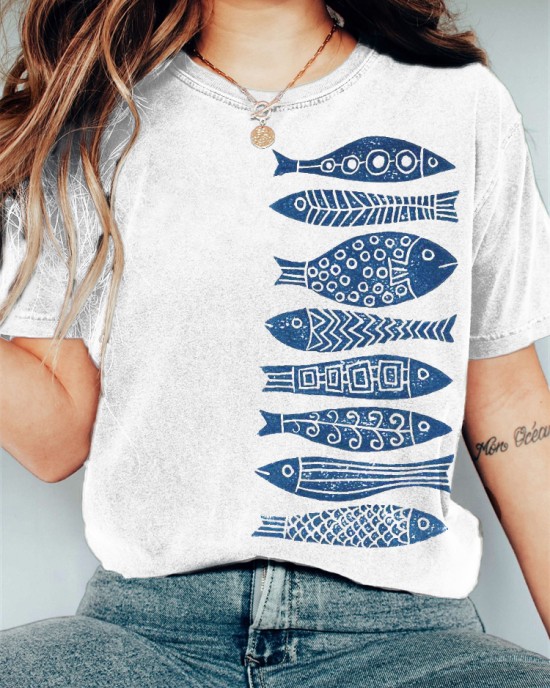 Fish Japanese Lino Art Vintage Washed T Shirt Fish Japanese Lino Art Vintage Washed T Shirt