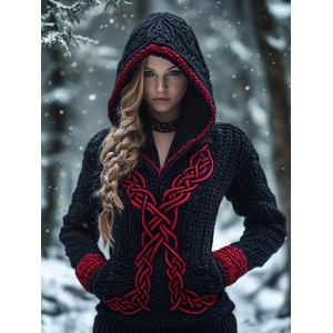 Women's Viking Celtic Knot Jacquard Knit Hooded Sweater